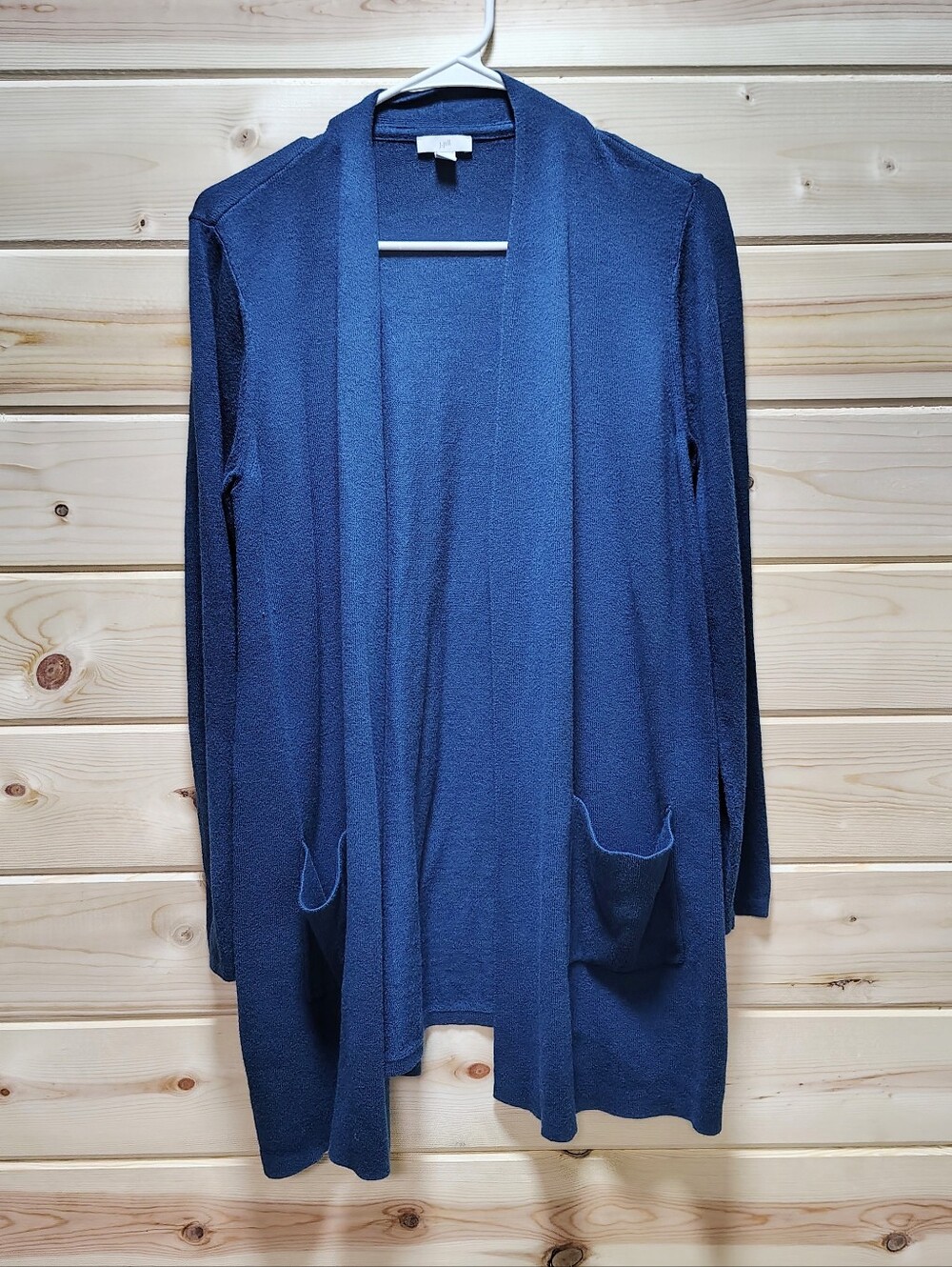 J.Jill Blue Long Line Open Front Cardigan Sweater Medium Wool Blend Pockets Chic